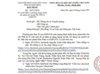Giáo hội Phật giáo Việt Nam tỉnh Quảng Bình đề nghị xử lý hành vi xúc phạm Đức Phật trên mạng xã hội