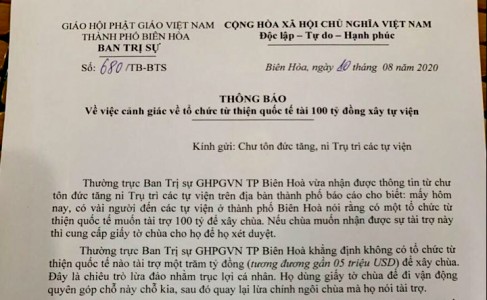 Ban Trị sự GHPGVN TP Biên Hoà cảnh báo khẩn Chư tăng ni trụ trì