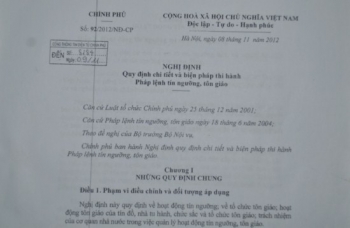 Nghị định 92 quy định chi tiết thi hành Pháp lệnh tín ngưỡng, tôn giáo có hiệu lực