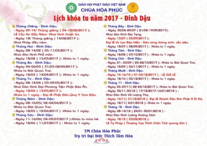Chùa Hòa Phúc thông báo lịch các khóa tu năm 2017