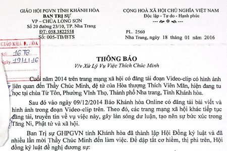 BTS Phật giáo tỉnh Khánh Hòa kỷ luật Thích Chúc Minh 
